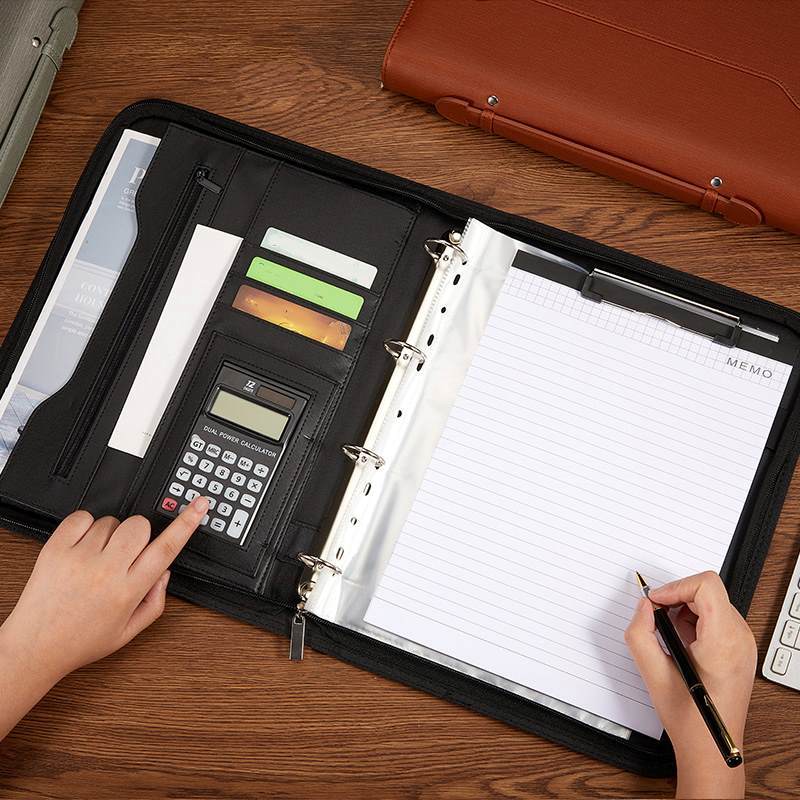 Portable Conference Zipper A4 Leather Folder A4 PU Portfolio Binder Custom