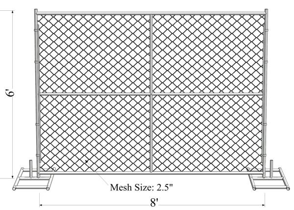 8ft x 10ft construction chain link fence opening 2⅜x2⅜(60mmx60mm)  tubing 16ga thick and diameter 11ga/2.90mm,11.5ga/2.7