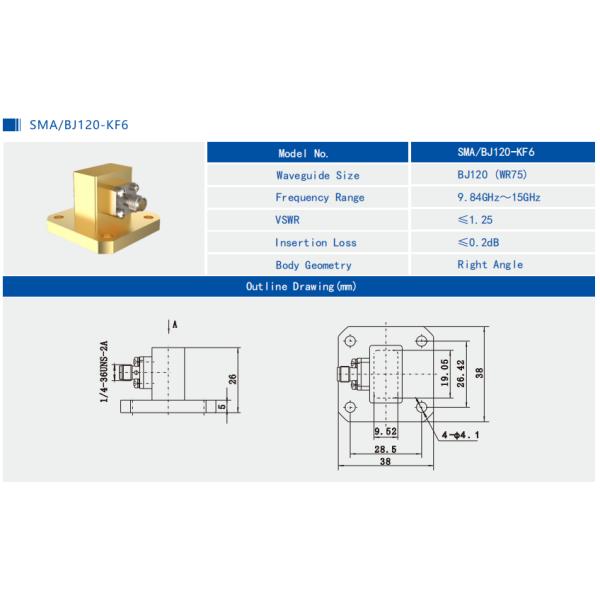 9.84-15GHz WR75 to SMA Female End Launch Waveguide to Coax Adapter Brass SMA/BJ120-KFE