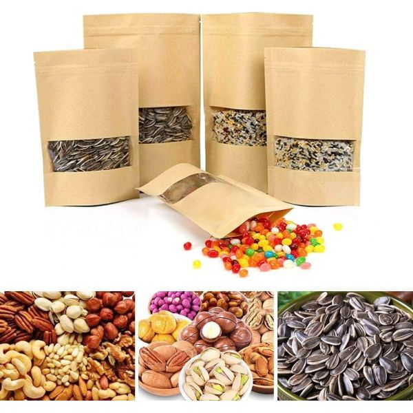 Wholesale Customized Brown Eco-friendly Sealed Transparent Food Packaging Bags Sealing Kraft Paper Bags