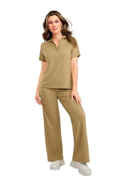 Effortless Chic Ribbed Knit Polo Two-Piece Set - Short Sleeve Top & Wide Leg Pants (Khaki)
