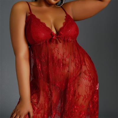 La taille noire de plus voient par la chemise de nuit Mesh Sleepwear de décolleté en V de chemise de nuit de robe-chemisier de courroie de Babydoll de robe longue de robe de dentelle