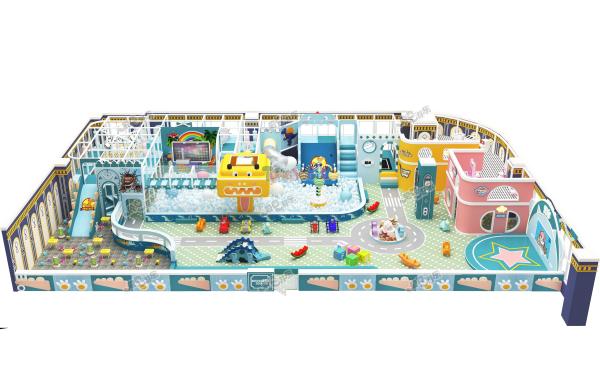 キュートな漫画をテーマにした、カラフルな青と緑の世界が広がる屋内子供用プレイグラウンド