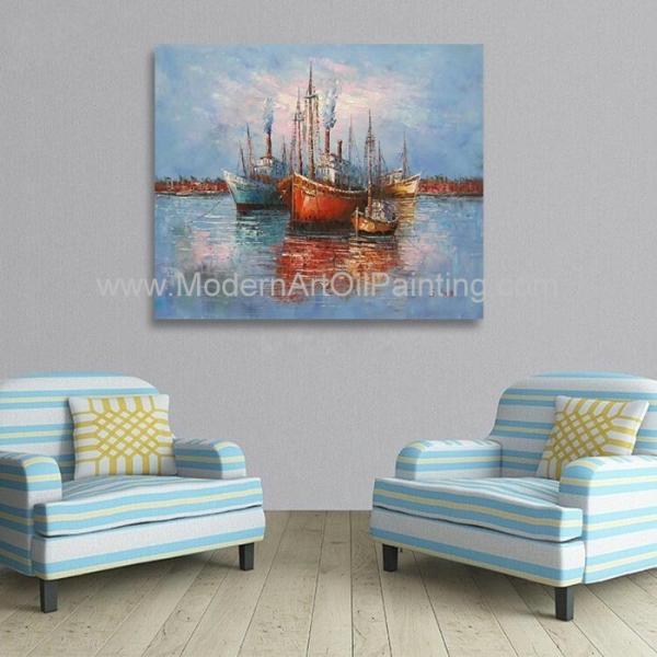 Sun Rise Fishing Boats Oil Painting Single Panel Abstract Wall Art