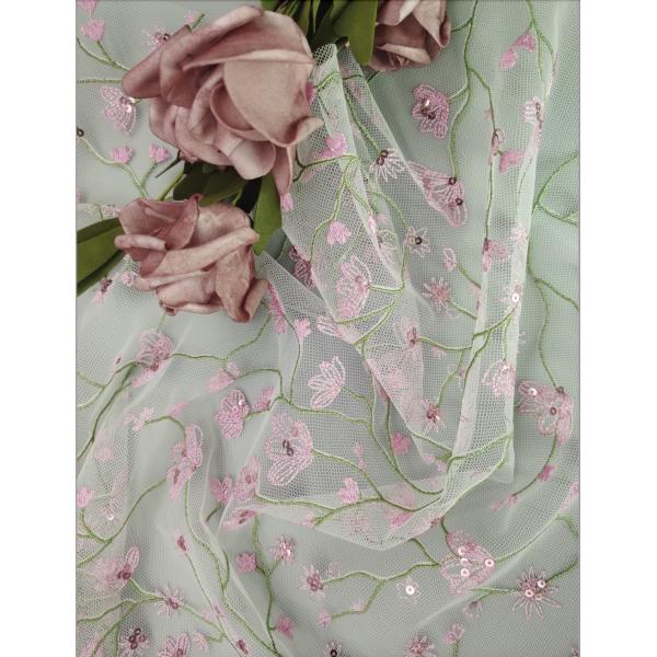 Pink Flower Lace Fabric OEM Embroidery 3D Sequin Lace Fabric for Dress