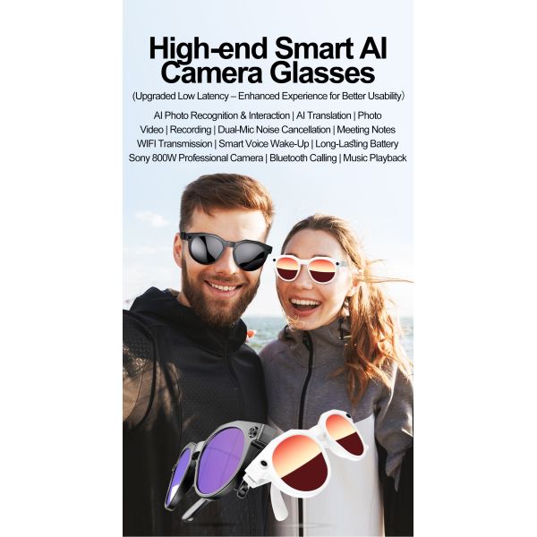 Photochromic Smart Glasses W611 Pro Auto-Tinting Lenses 8MP Camera AI Voice Assistant WiFi 1080P Video IP66 Waterproof Magnetic