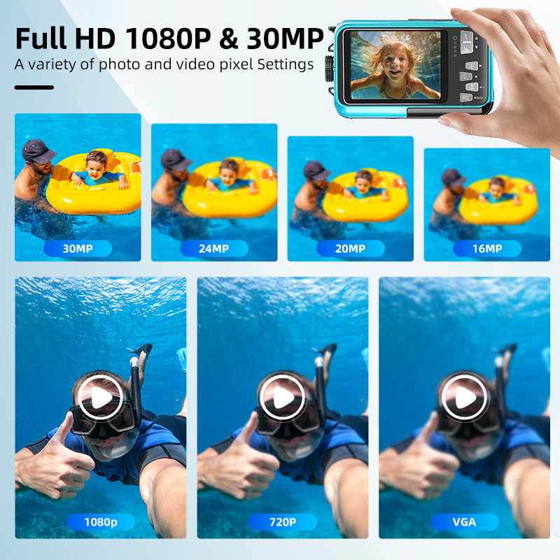 1080P Waterproof Camera 30M Underwater 16X Digital Zoom 2.7 Inch HD Screen Anti Shake 128GB TF Card Support for Diving Swimming