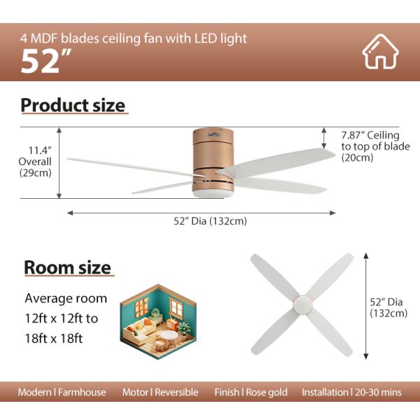 Design moderno 6 velocidades MDF lâminas Ventilador de teto Luz cor rosa-ouro e baixo perfil