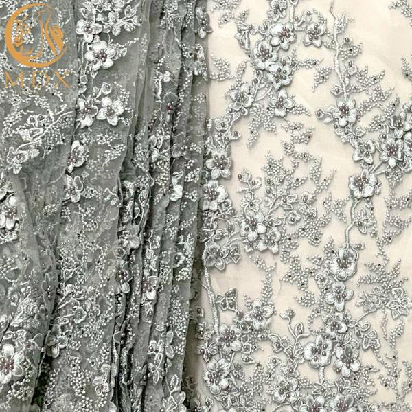 Tulle Lace Grey 3D Beaded Embroidery Fabric For Bridal Dress