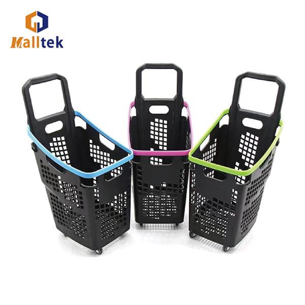 Customized Logo Plastic 4 Wheels Supermarket Store Basket Trolley