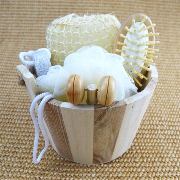 Body Cleaning Wooden Bath Set with Hair Brush Pumice Stone Bath Pouf Sisal Sponge Massager 6Pcs Spa Bath Beauty Gift Set