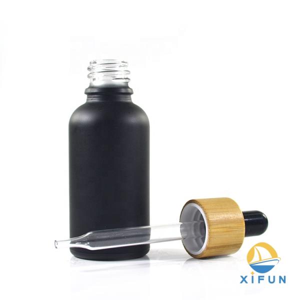 Luxury Bamboo Lid Dark Glass Dropper Bottles With Black Matte Glass Material