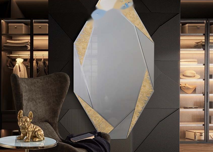 Beveled Decorative Mirrors Gold Leaf Graphics On Black Lacquered MDF Back