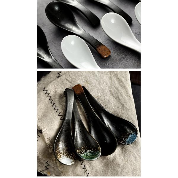 Contemporary Plain Black Ceramic Soup Spoon A Grade Porcelain Soup Spoon