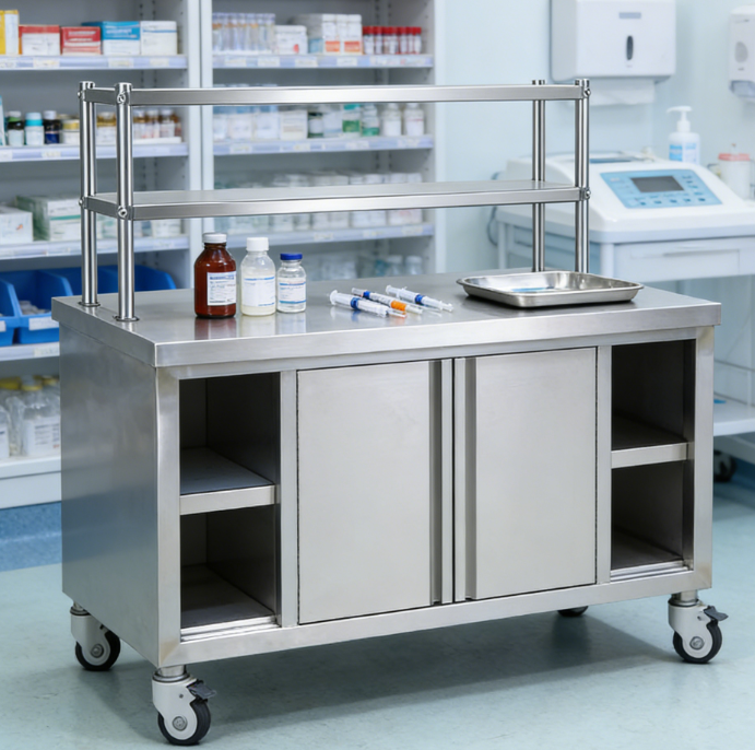 500 kg/㎡ Load Capacity Stainless Steel Workbench with Sliding Door Design for Commercial Kitchen Storage