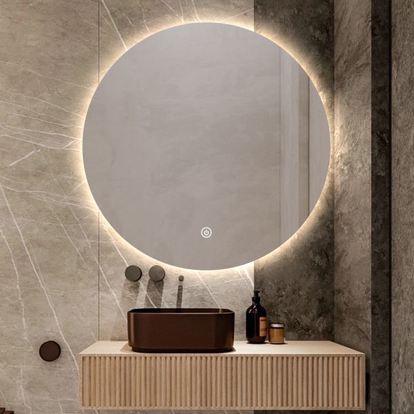 Front Lighted And Backlit Wall Mounted Round Silver Bathroom Mirror With Touch Screen