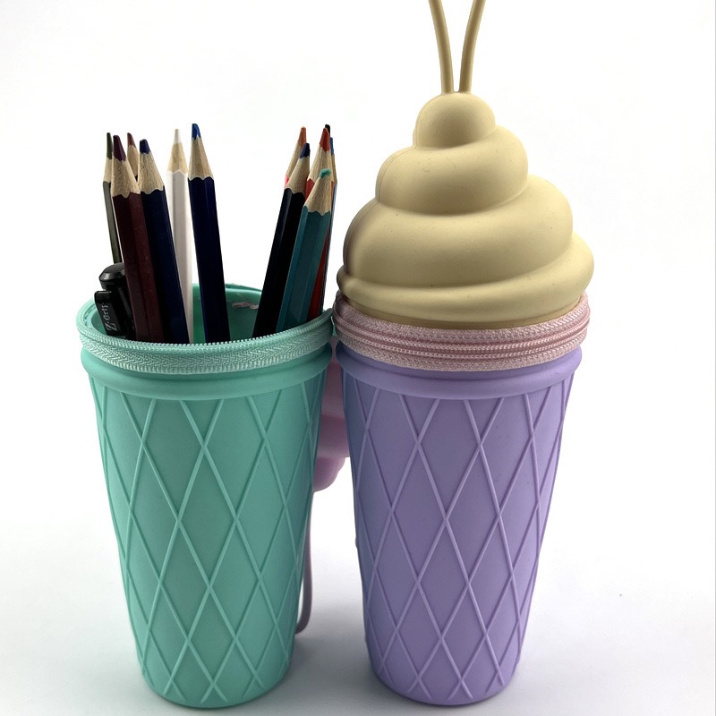 Reliable Quality Large Capacity Handle Silicone Pencil case Student Fancy Ice Cream Shape Pen Bag