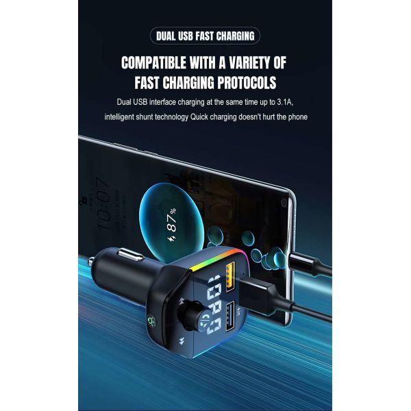 RGB Car MP3 Player Bluetooth 5.0 FM Transmitter 20Hz - 15Khz Frequency Response