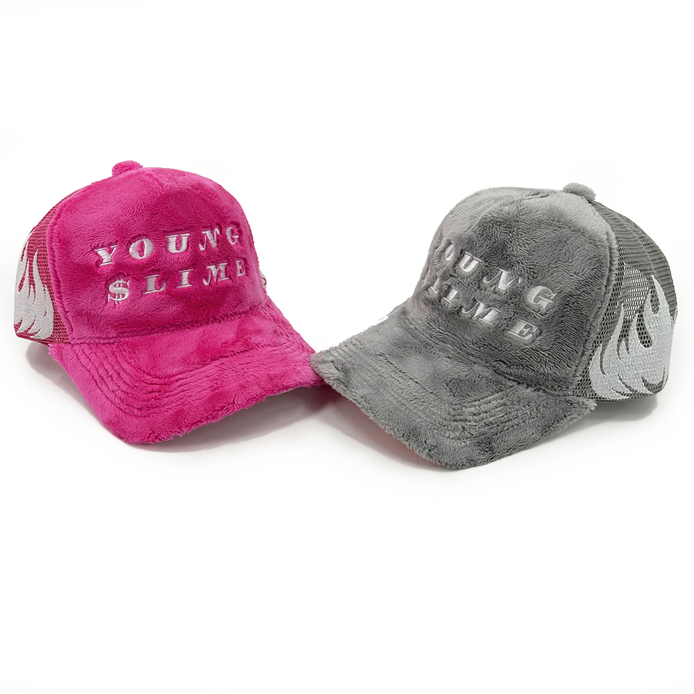 Crown Fluffy Velvet Custom Embroidery Trucker Hats Flame Fire Piping Personalize Fuzzy Underbrim Color Flannel