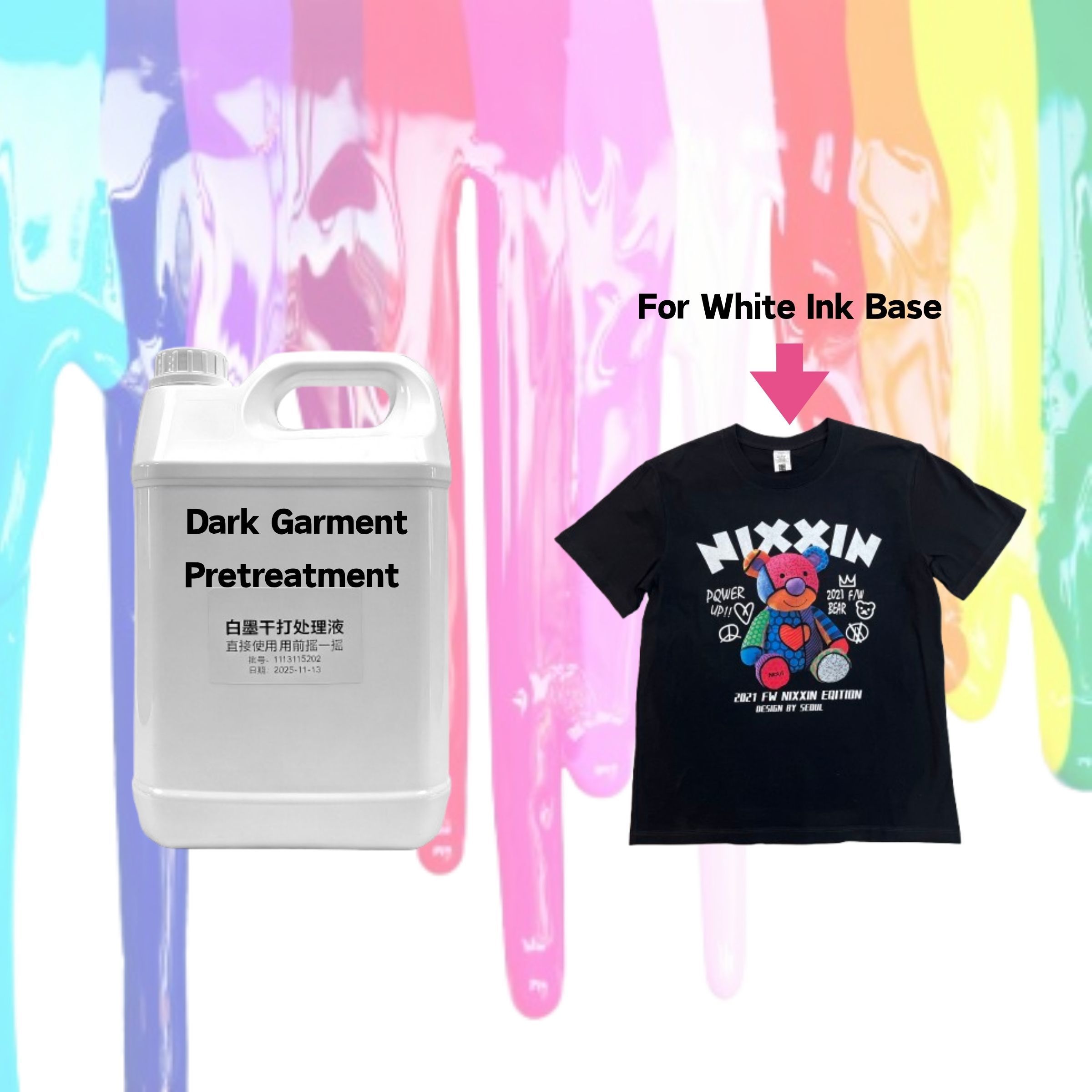 Premium DTG Textile Ink (CMYK+W) & Dark/Light Pretreatment  Eco-friendly water-based pigment inks with grade 4+ wash fastness and soft feel for cotton garment printing.