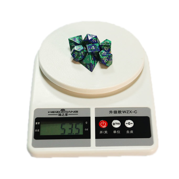 Natural Azurite Malachite Stone Polyhedral Dice Set - Hand Carved DND Dice with Silver Ink Engraved Numbers
