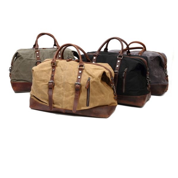 Genuine Leather Oversized Canvas Travel Duffel Bag With Shoulder