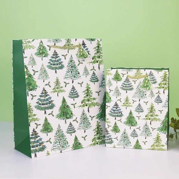 Holiday Paper Gift Bags with Handles and Foil Stamped Merry Christmas Print