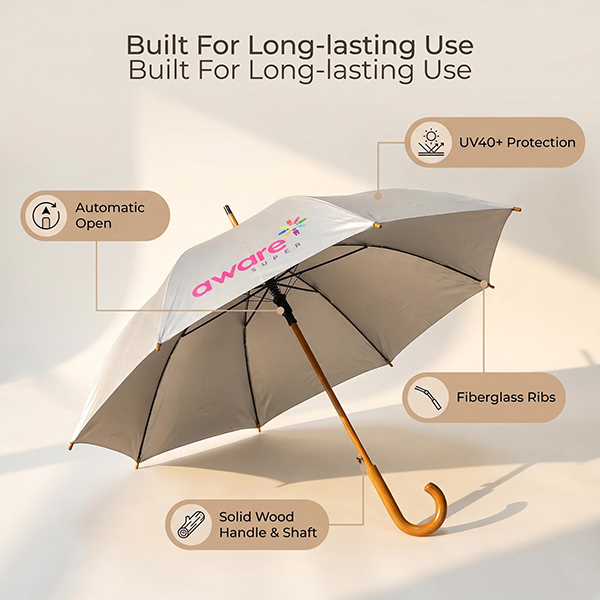 Custom Branded 46 Automatic Wooden Handle Event Umbrella (UV40+ Protection)