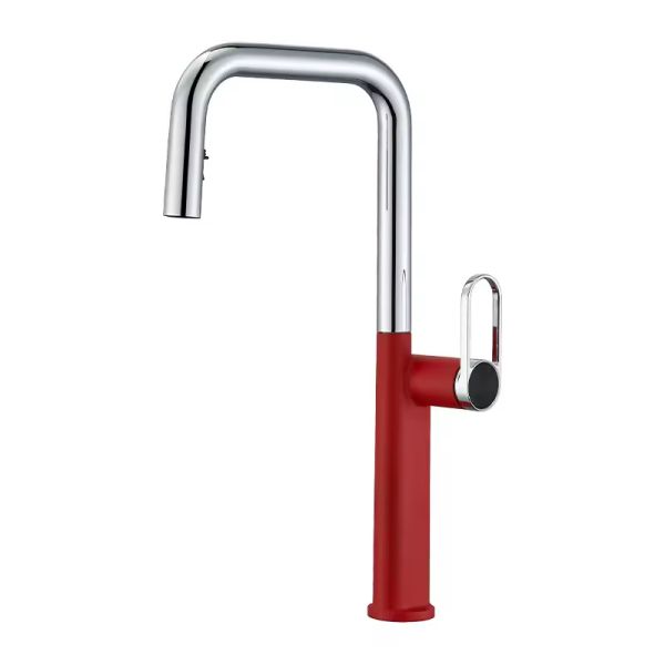 All Brass Red High-end Kitchen Pull-out Faucet Vegetable Sink Wash Basin Sink Rotating Cold and Hot Home Telescopic Style