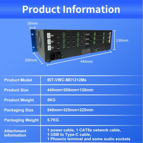 Industrial 12x12 HDMI Matrix Splicer with 600MHz Pixel Clock and FPGA Chip for Critical Display Environments