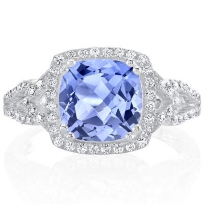 el amortiguador de 2 ct cortó el anillo del halo de Tanzanite en Sterling Silver - anillo de bodas hecho a mano