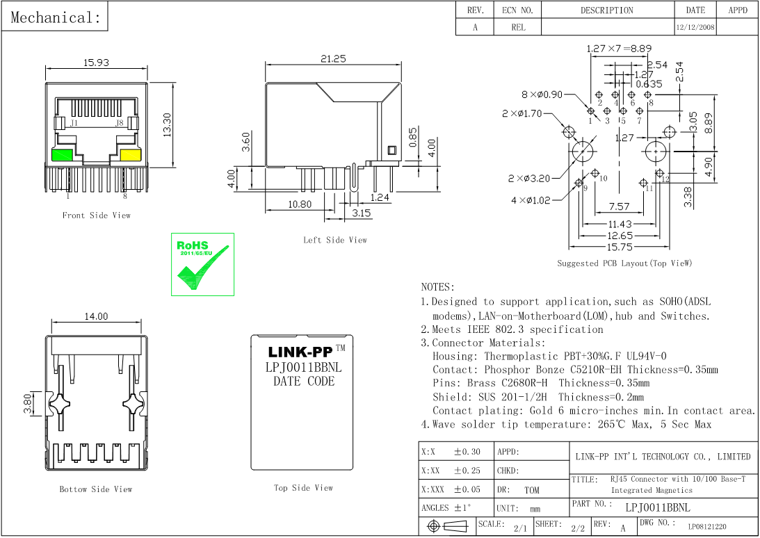 LPJ0011BBNL RJ45 Модульный разъем 10/100 Base-TX AutoMDIX RoHS