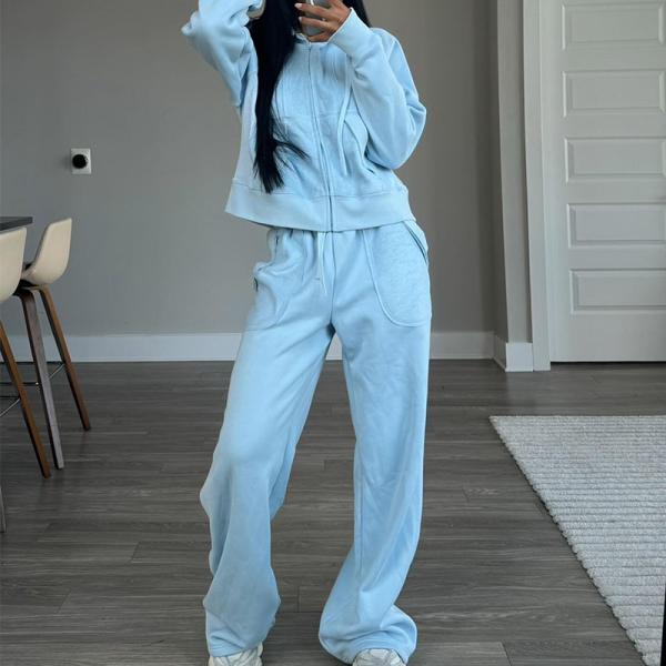 Breathable Womens Streetwear Tracksuit Distressed Zip Up Plain Joggers Two Piece Set