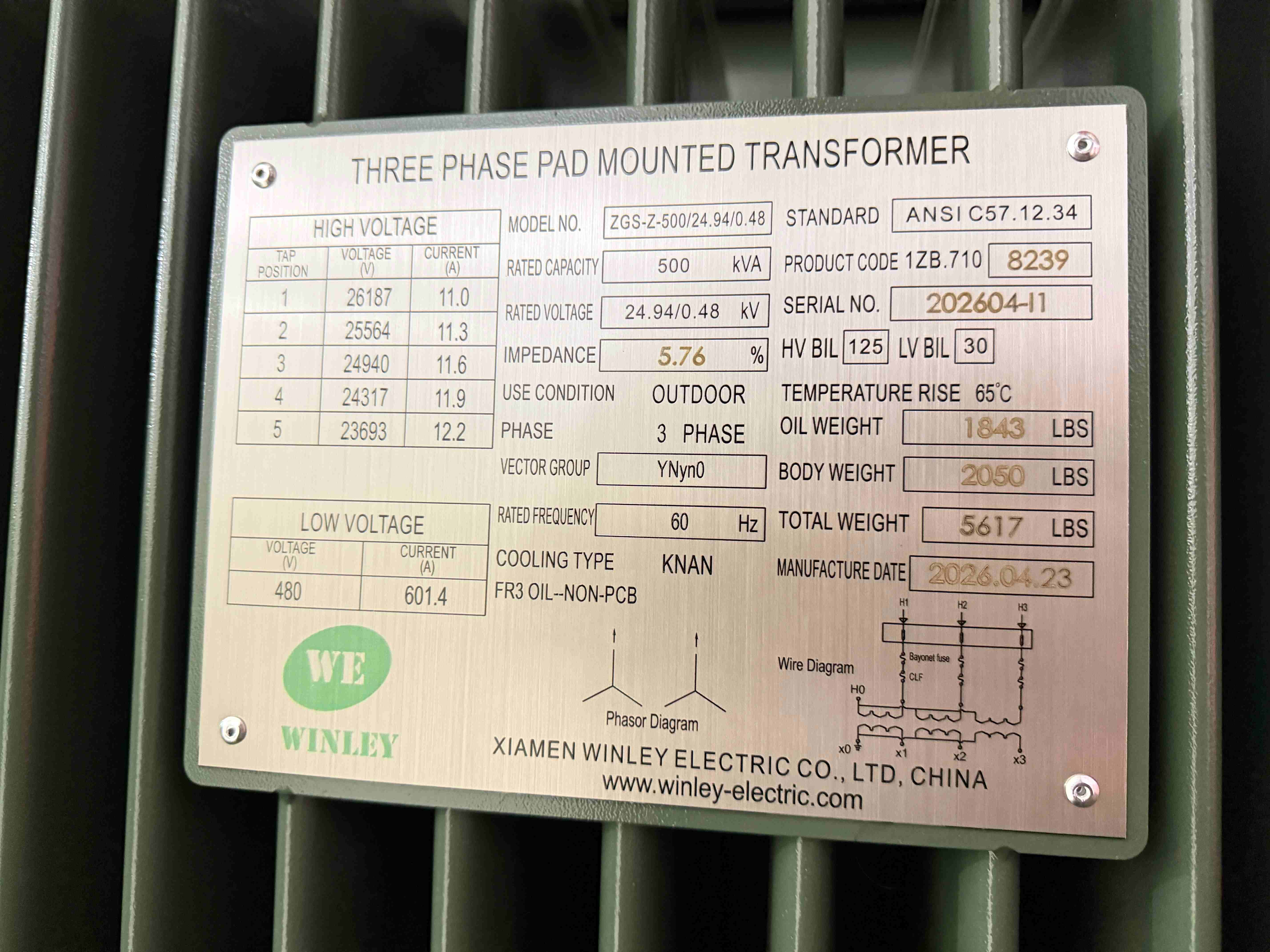 500kVA Three Phase Pad Mounted Transformer 24940V to 480V Oil Immersed Distribution Utility Transformer UL Certified