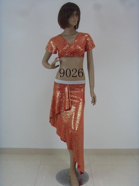 Adult Belly Dancing Clothes Distinctive Orange V Neck Metallic Bikini Top Cut Off Skirt