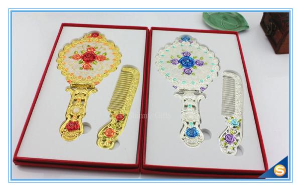 Circular Rose Design Classic Retro Makeup Mirrors One Side Ladies Handle Metal Cosmetic Mirrors