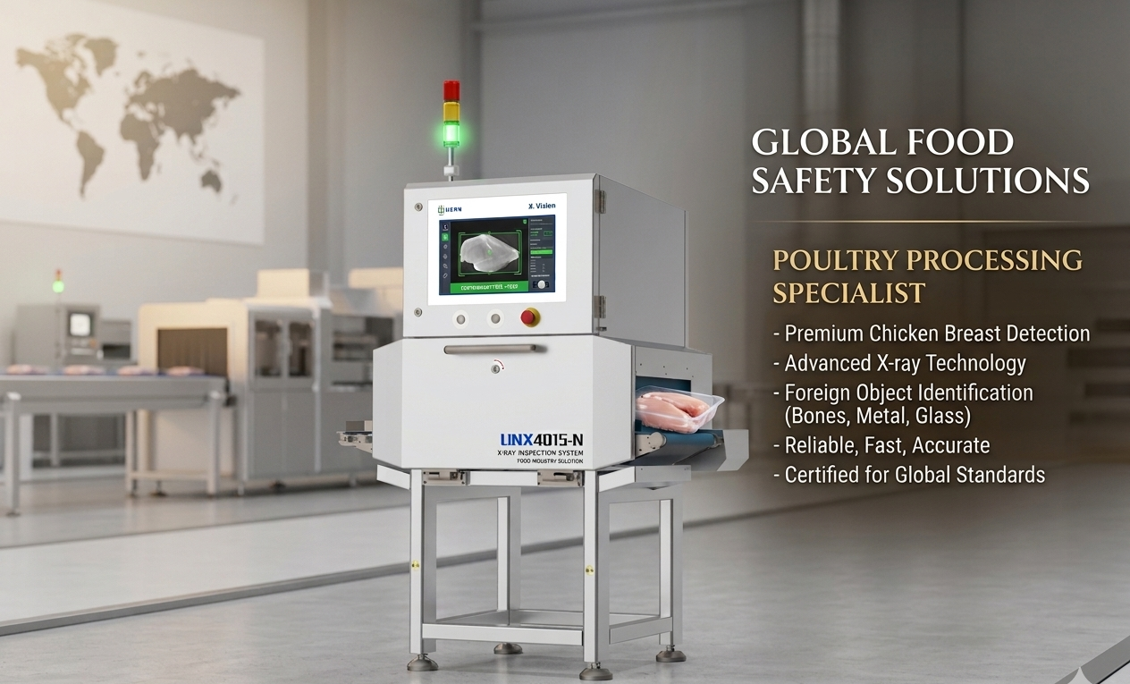 High resolusion food scanner machine Unicomp UNX4015N detect glass ceramic inside Chicken breast