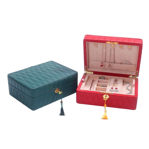 Multifunction Diamond Grain Jewelry Storage Box Leather Jewelry Organizer With Tassel