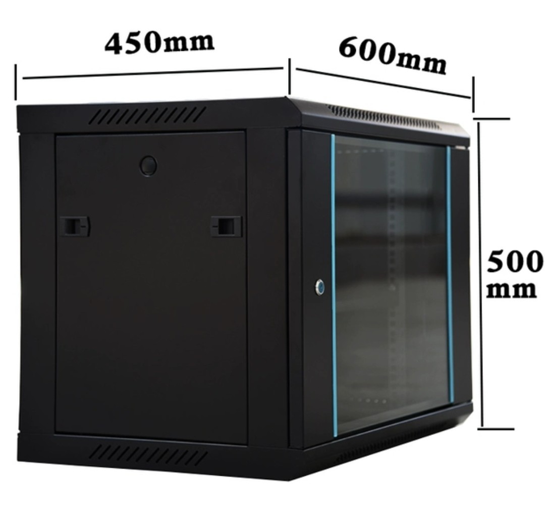 9U Wall Mounted Network Cabinet with Toughened Glass Door Depth 450mm RAL9005 Colour