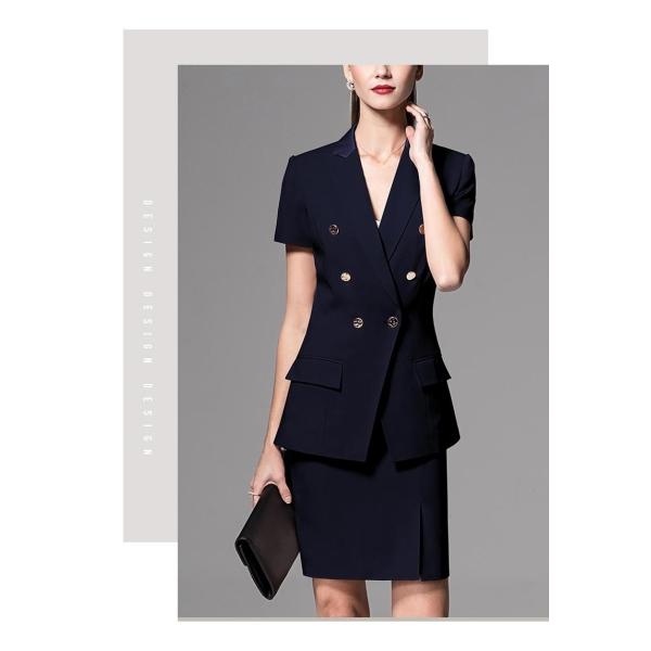 Тёмный военно-морской стиль стройный блейзер для дам офис короткий рукав женские костюмы воротник V-шесть