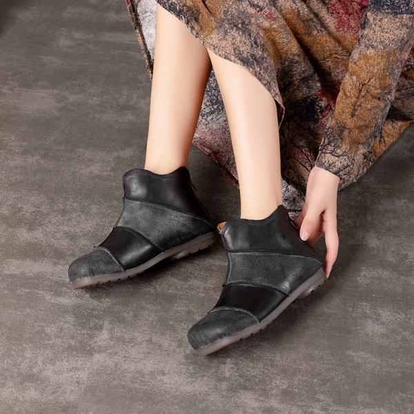 S074 Autumn and winter new female short boots retro handmade leather leather stitching flat zipper women's boots