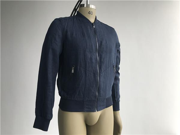 Navy Linen Jacket Short Trench Coat Men With Rib Collar And Gunmetal Zip