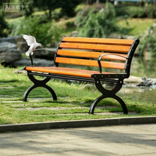Anti‑Corrosive Wood Outdoor Park Bench With Backrest , Cast Iron Frame Public Square Patio Seating Bench