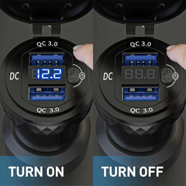 Waterproof QC3 0 36W Aluminum Car Charger Voltage Monitor Switch 12-24V