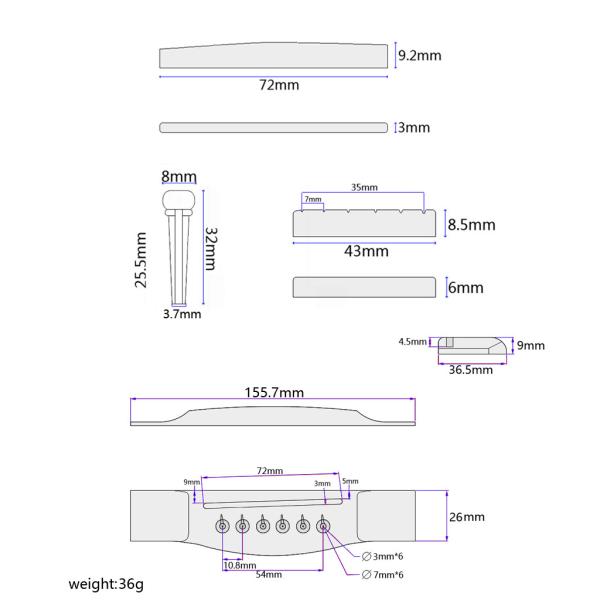 6 штифтов Акустический электрический гитарный мост 155.7*26*9.2 мм Элегантное касание
