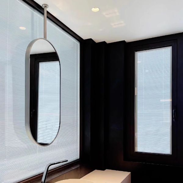 Double-Sided Stainless Steel Oval Bathroom Mirror Hanging Ceiling Suspended Mirror for Hotels and B&Bs with Hanging Rod