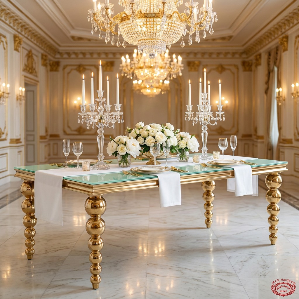 WENDING Gold Ball-Bead Column Leg Mint Glass Dining Table – Luxury Wedding Banquet Table