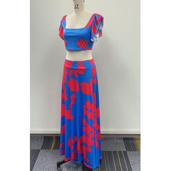 Верхняя часть и юбка цветка 2pcs случайных платьев женщин лета напечатанные с S-2XL