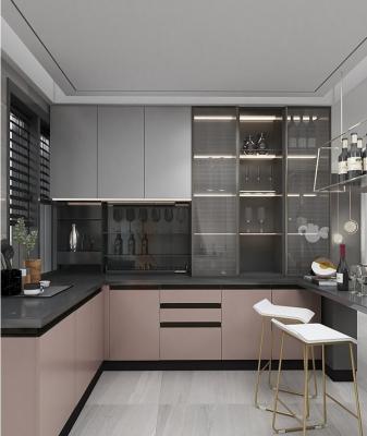 L armário de cozinha modular moderno da forma na laca que paiting a pedra terminada de quartzo