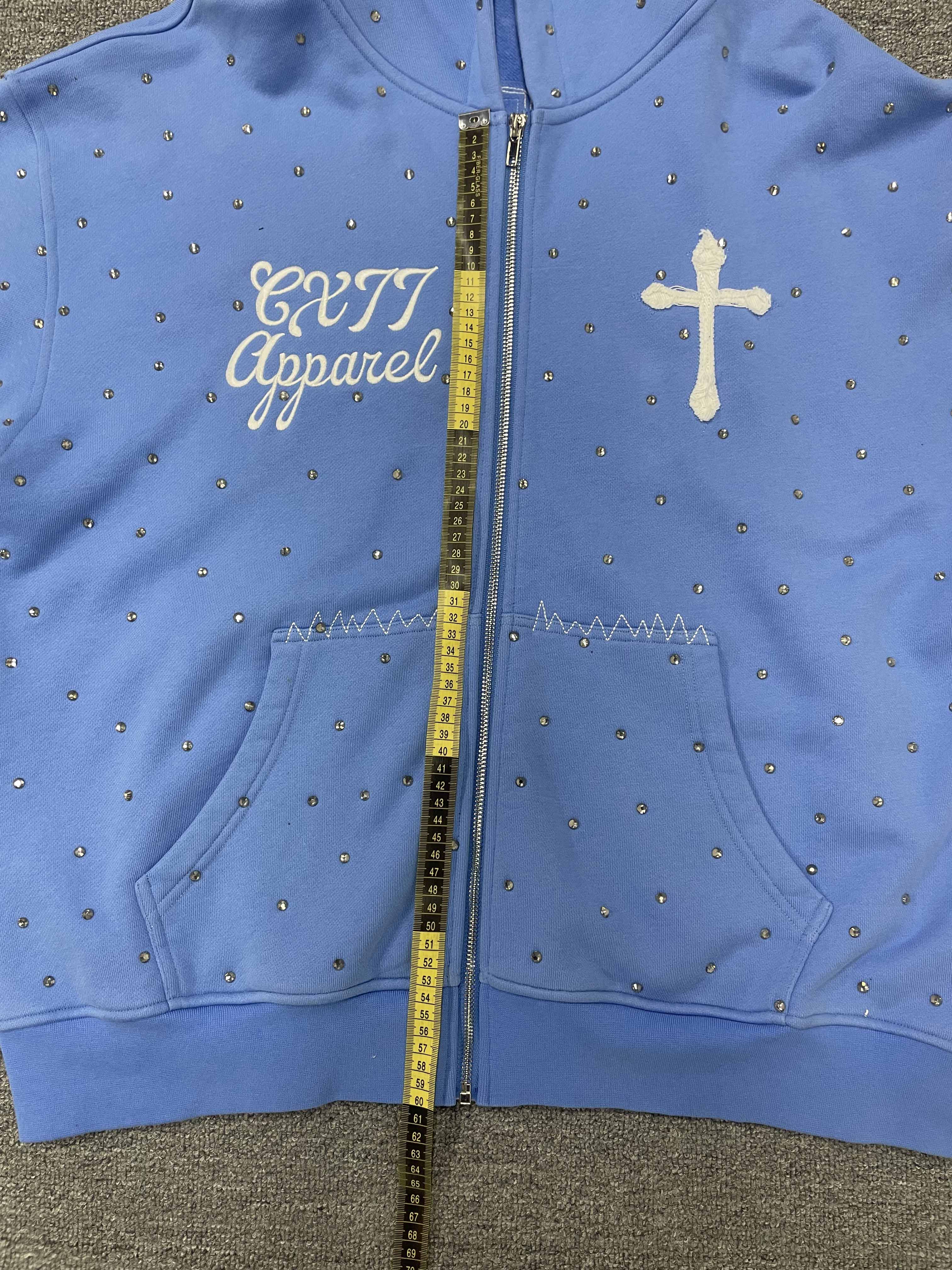 Tianan Clothing Manufacturer Custom Hoodies Loose Streetwear Rhinestone Applique Embroidery Logo Cotton Zipper Hoodies for Men